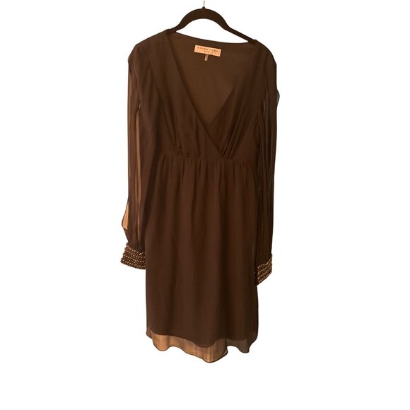 Trina Turk Black Chiffon Dress With Beaded Cuffs & Sheer Sleeves Size 6 - Picture 1 of 7